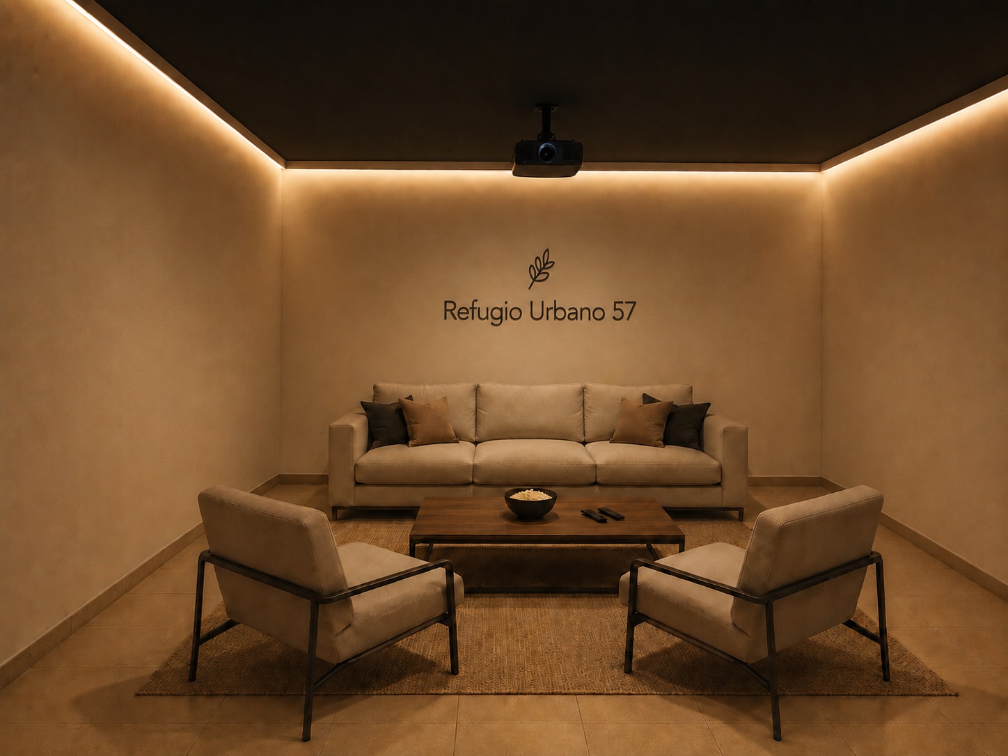 Sala de estar con sofá, butacas y proyector para proyecciones