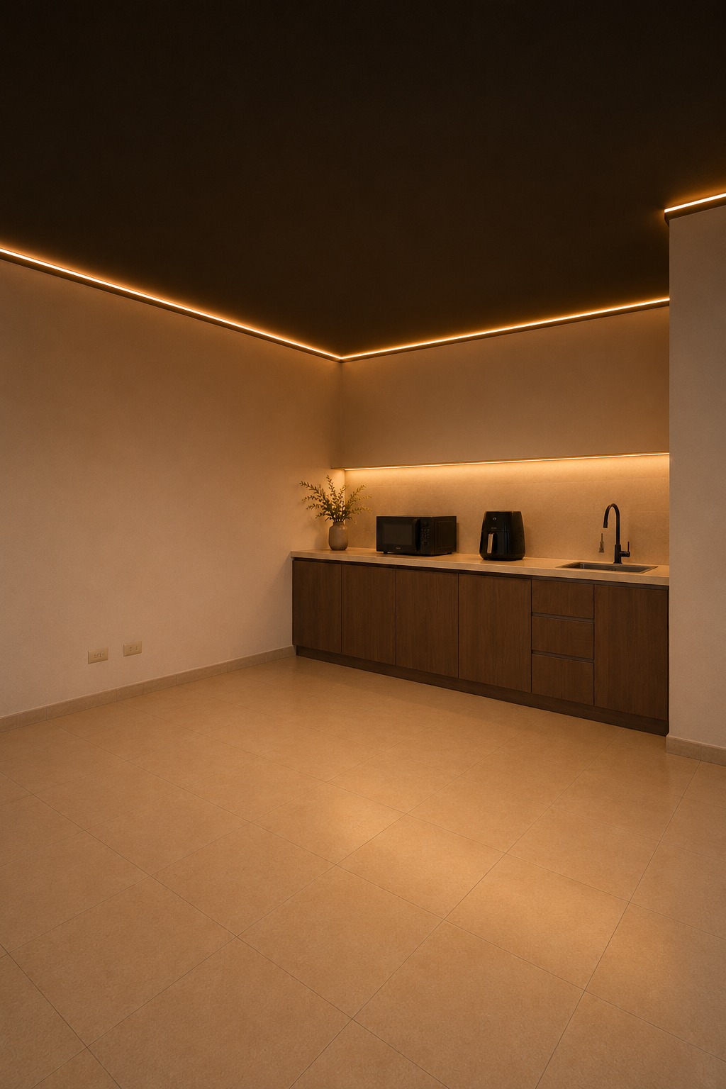 Zona de cocina con airfryer, microondas y fregadero